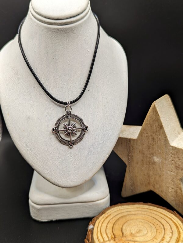 Silver Nautical Charm Necklace, Compass, Black Rope Cord Jewellery - product image 2