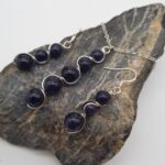 Blue Sandstone Silver Jewellery Set, Bead Earrings Navy Pendent Gemstone Wire Wrapped Necklace Set
