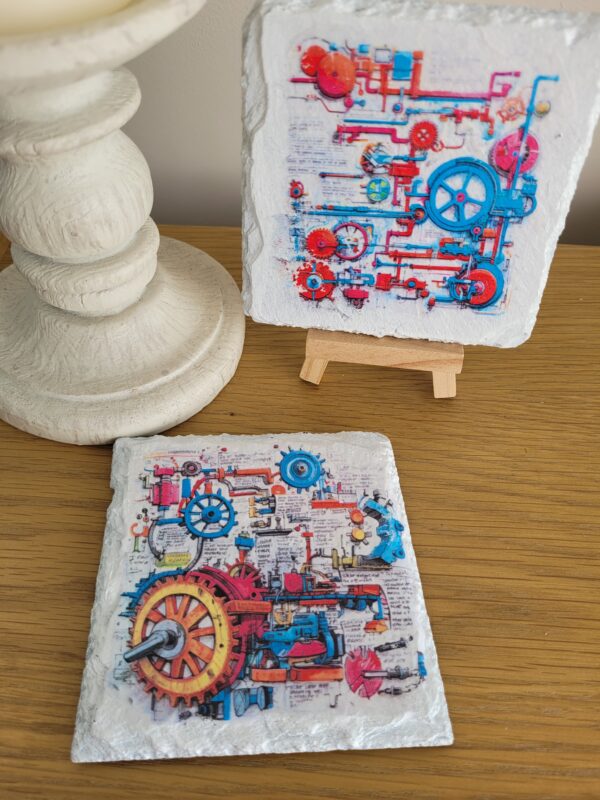 Decoupaged Slate Coasters – Mechanical Sketch – Set of 6 - main product image