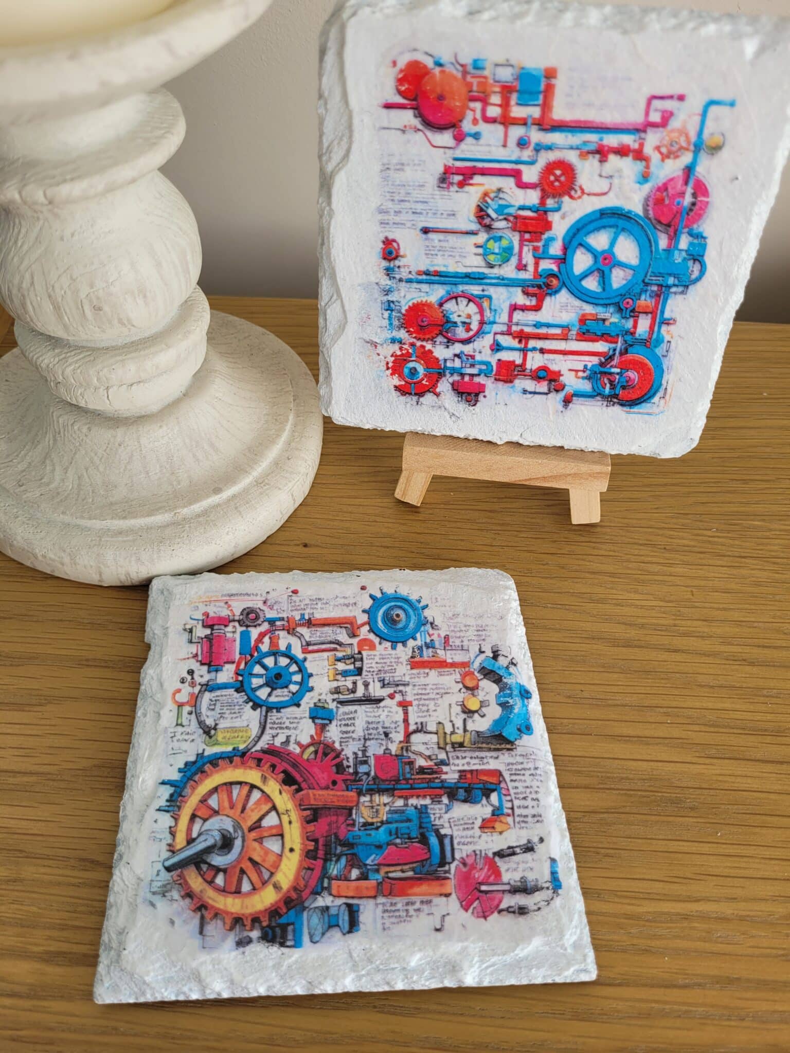 Decoupaged Slate Coasters – Mechanical Sketch – Set of 6 - main product image