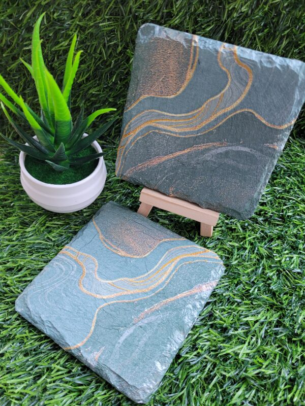 Decoupaged Slate Coasters – Green Marble – Set of 2 - main product image