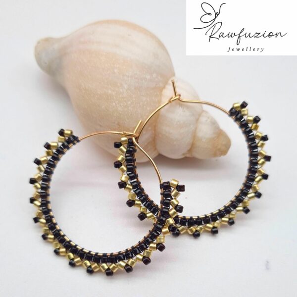 Elegant Miyuki Bead Handwoven Dangle Earring Gold Black Glass Seed Beads Geometric Medium Hoops - product image 3