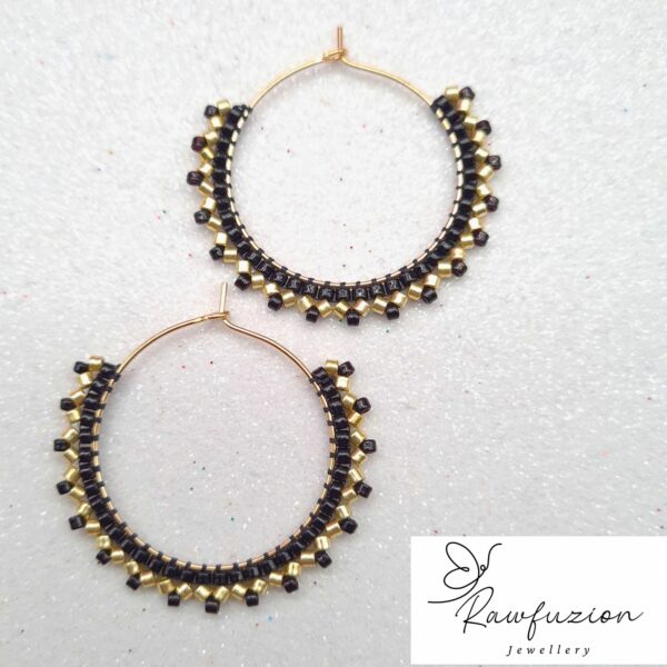 Elegant Miyuki Bead Handwoven Dangle Earring Gold Black Glass Seed Beads Geometric Medium Hoops - product image 5