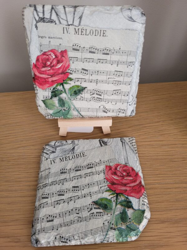 Decoupaged Slate Coasters – Rose Melodie – Set of 2 - main product image