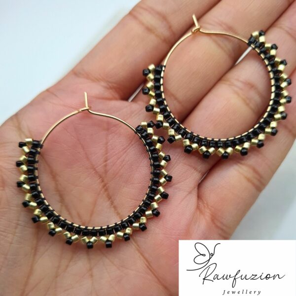 Elegant Miyuki Bead Handwoven Dangle Earring Gold Black Glass Seed Beads Geometric Medium Hoops - main product image