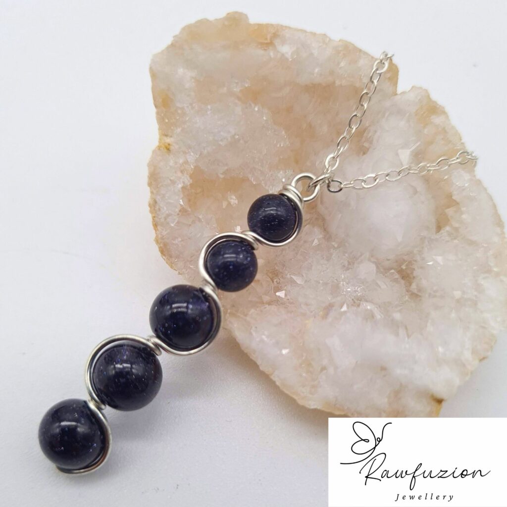 Blue Sandstone Silver Jewellery Set, Bead Earrings Navy Pendent Gemstone Wire Wrapped Necklace Set