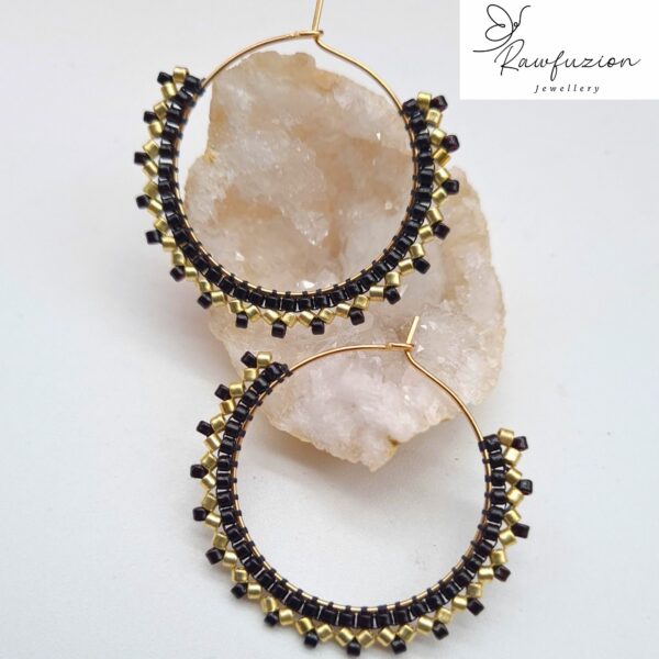 Elegant Miyuki Bead Handwoven Dangle Earring Gold Black Glass Seed Beads Geometric Medium Hoops - product image 4