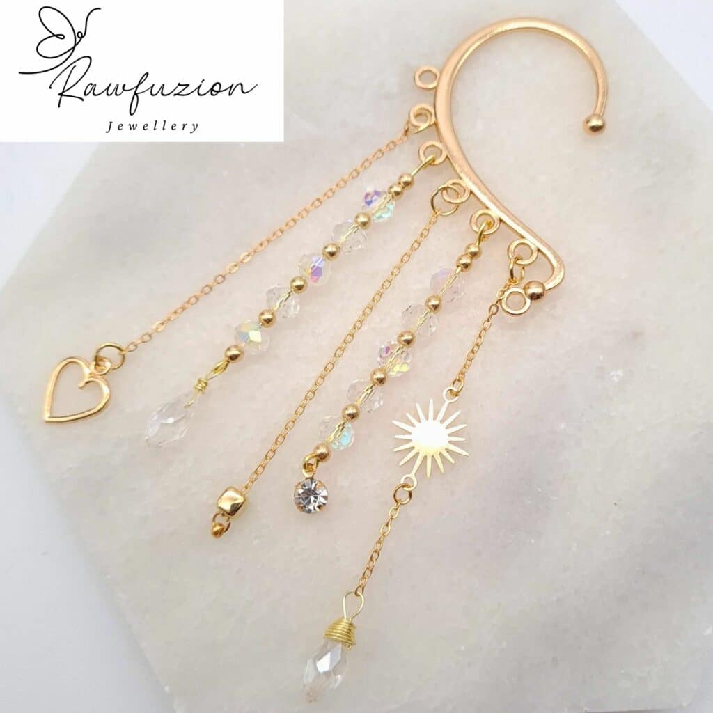 Ear Wrap Cuff, Dainty Bead Dangle, Gold No Piercing Earring, Crystal Jewellery Gold