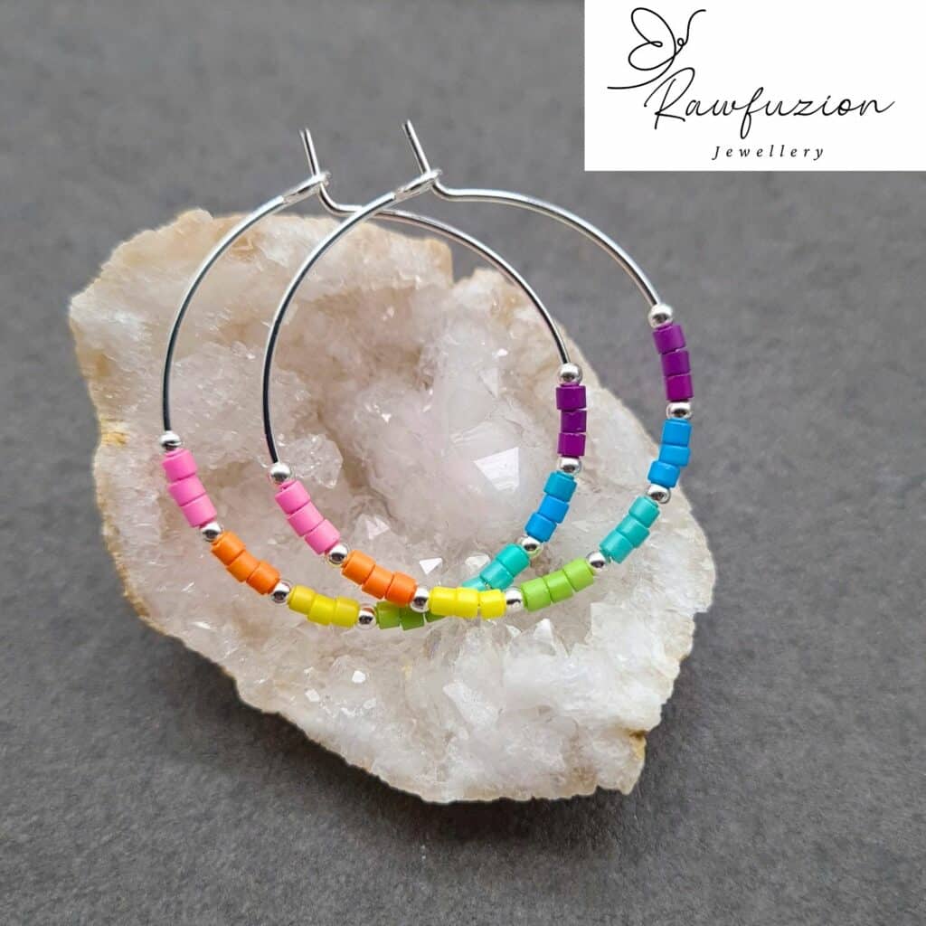 Medium Gold / Silver Unicorn Hoop Earrings, Coloured Beaded Hoops, Minimalist Earrings