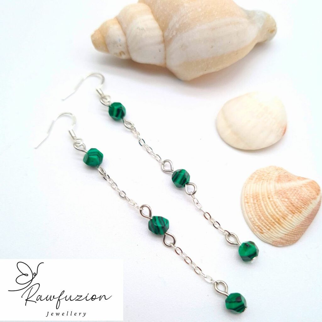 Handmade Malachite Dangle Earrings, Green Silver Jewellery, Long Silver Dangle Earrings