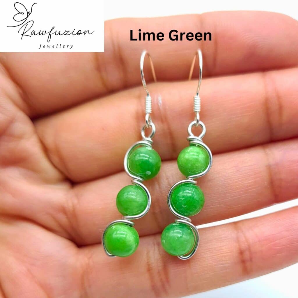 Handmade Gemstone Bead Earrings, Silver Wire Wrapped Dangle Earrings, Green White Grey Black