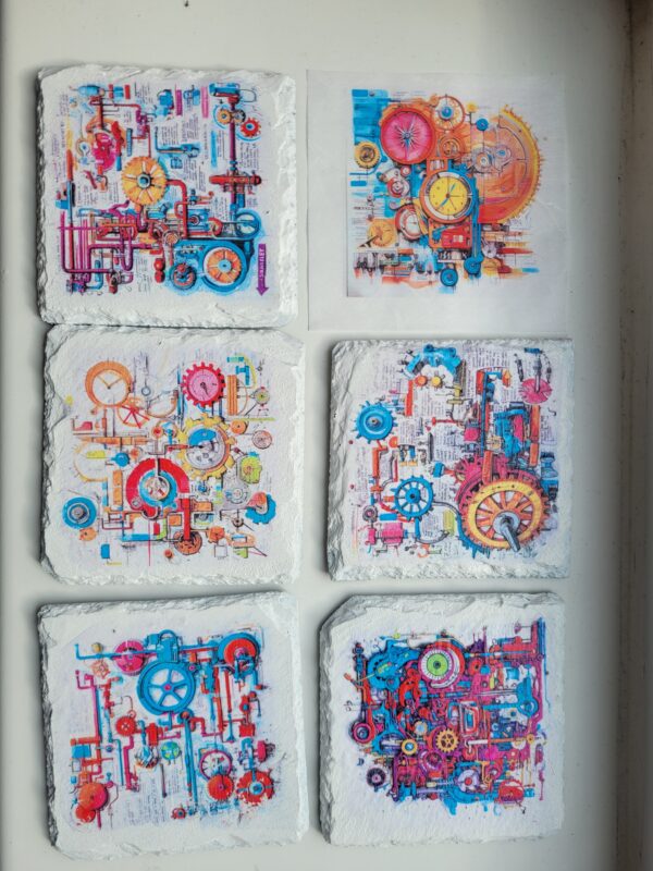 Decoupaged Slate Coasters – Mechanical Sketch – Set of 6 - product image 3