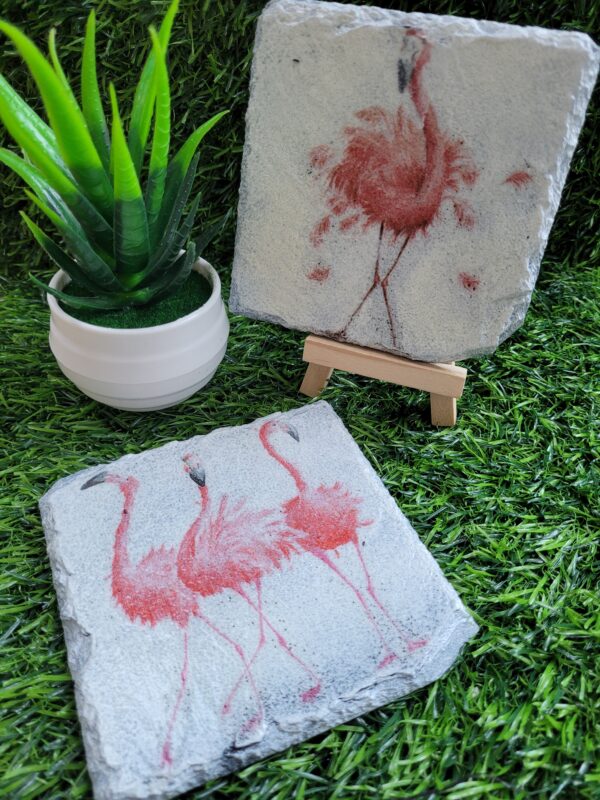 Decoupaged Slate Coasters – Flamingos – Set of 2 SOLD - main product image