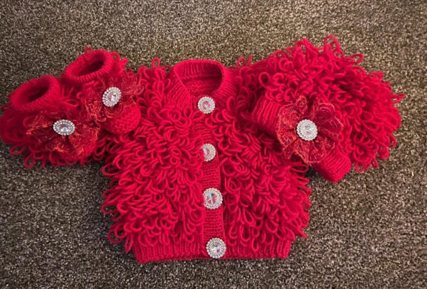 Hand knitted Loopy cardigan, hat and booties - product image 4