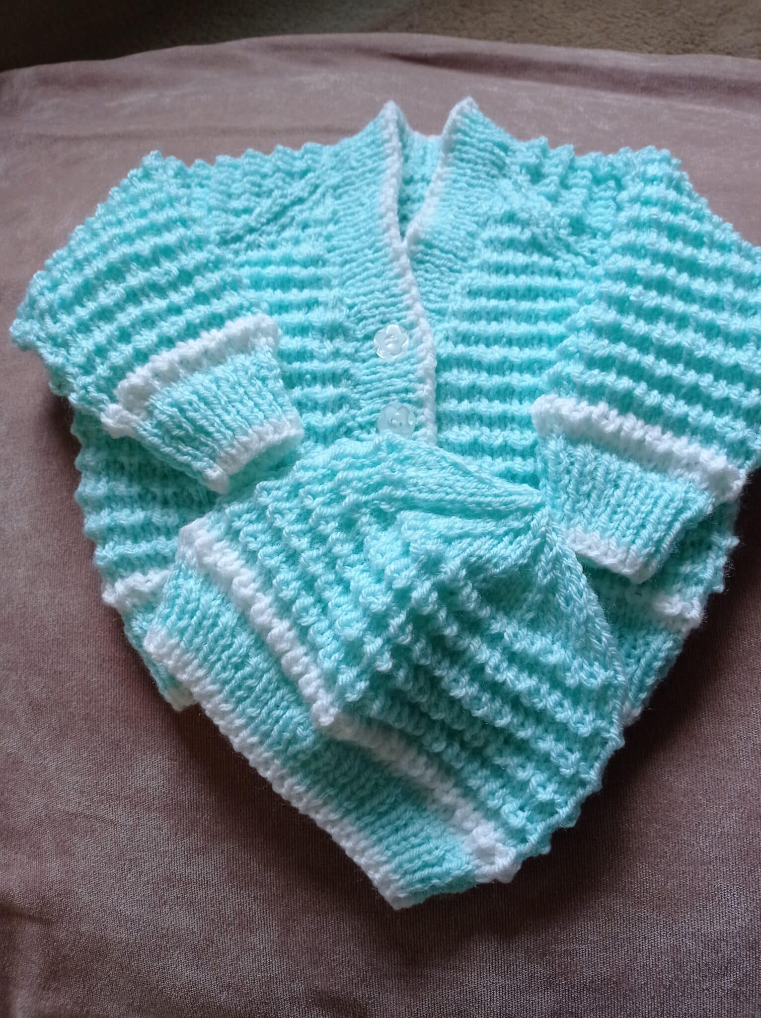 Lovely soft mint green and white cardigan and beanie hat - main product image