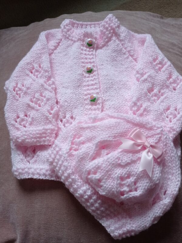 Lovely soft pale pink or white babies jacket and matching hat - main product image