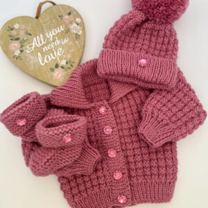 Hand knitted baby cardigan, hat and booties