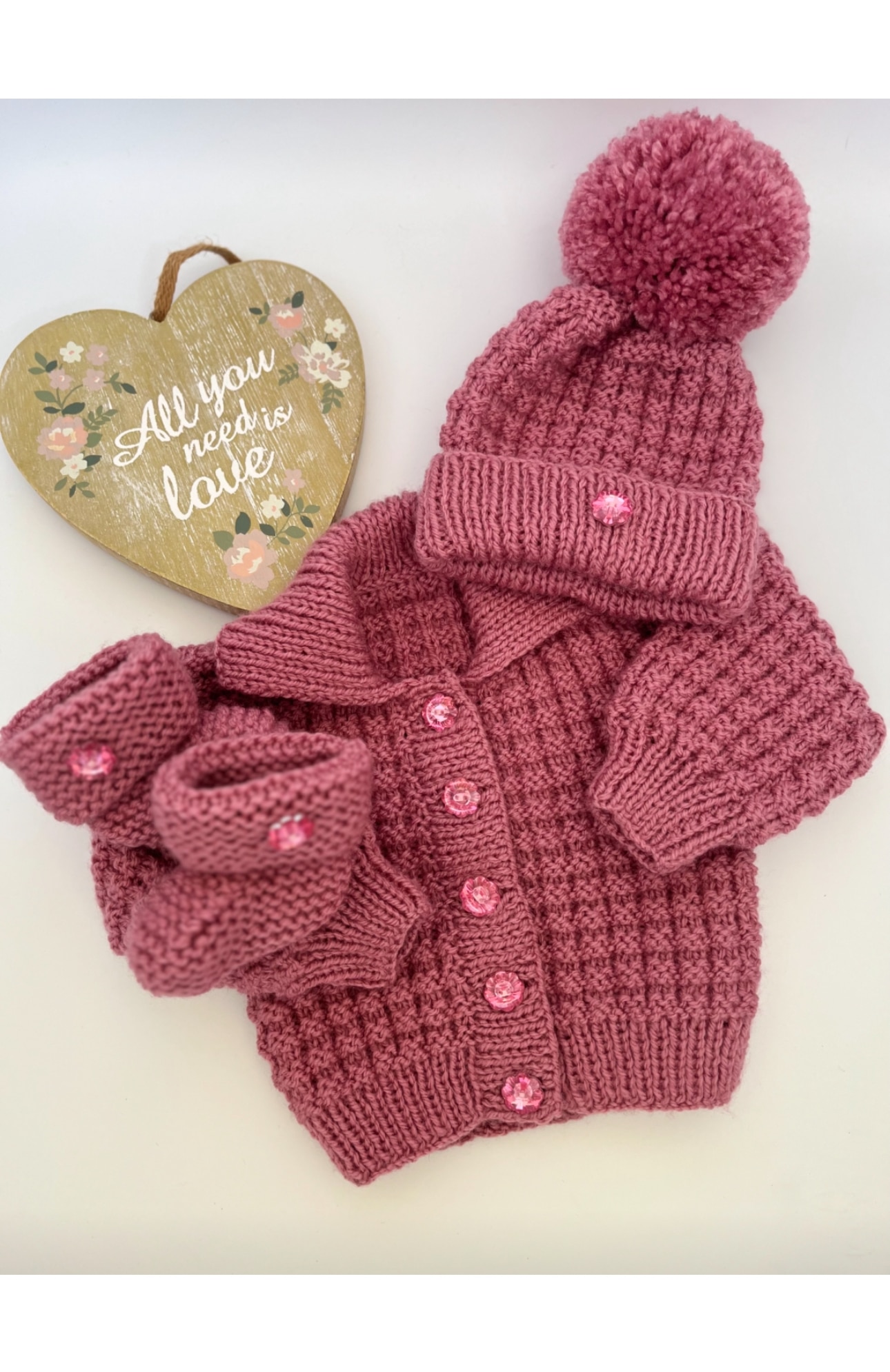 Hand knitted baby cardigan, hat and booties - main product image