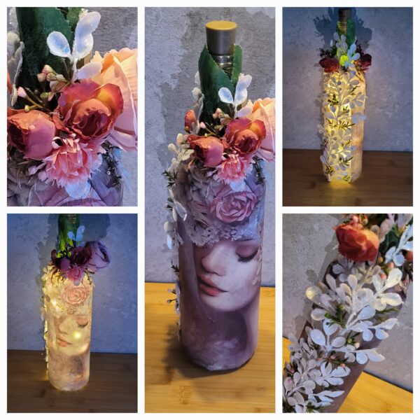 Upcycled Decoupaged Decorated Light Up Bottle – Rose Fairy - main product image