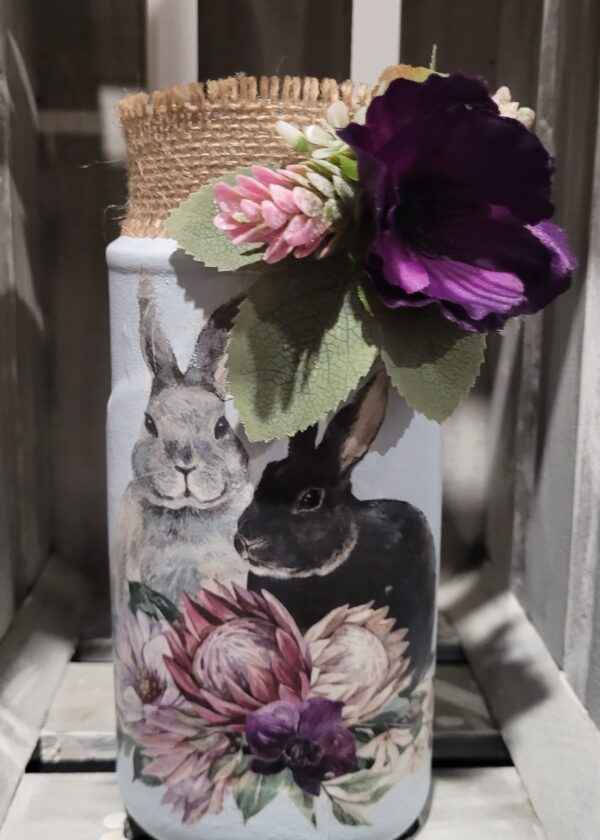 Upcycled Decoupage Jar Gift – Together Bunnies – Vase, Centrepiece, Storage - main product image