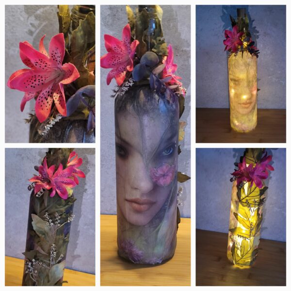 Upcycled Decoupaged Decorated Light Up Bottle – Pink Lily Fairy - main product image