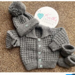 Hand knitted baby cardigan, hat and booties
