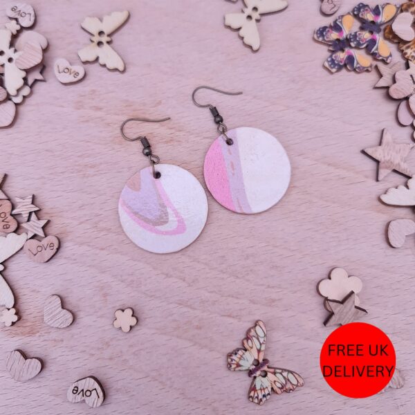 Multicoloured Marble Wood Decoupaged Round Copper Plated Earrings – FREE UK P&P - main product image