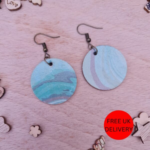 Turquoise Marble Wooden Decoupaged Round Copper Plated Earrings – FREE UK P&P - main product image