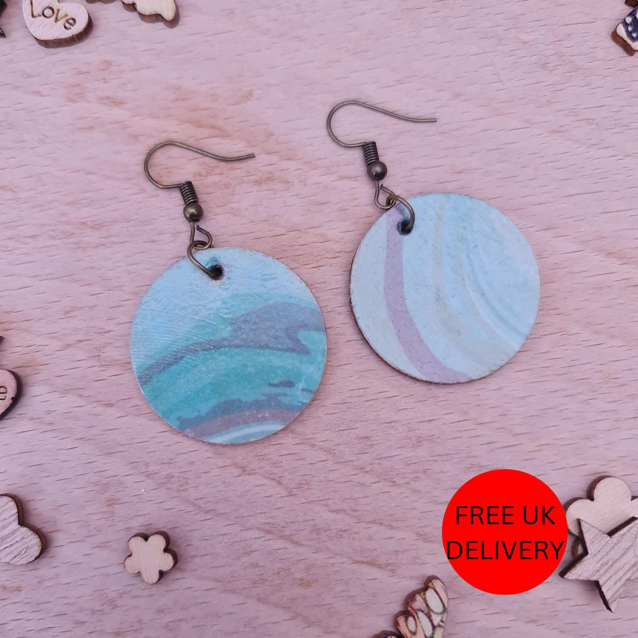 Turquoise Marble Wooden Decoupaged Round Copper Plated Earrings – FREE UK P&P - main product image