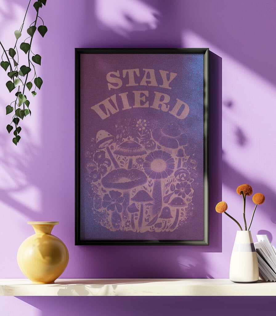 Stay Weird Print | Retro Mushroom Poster|70s|Engraved Poster|Home Decor | Exclusive Design Glitter
