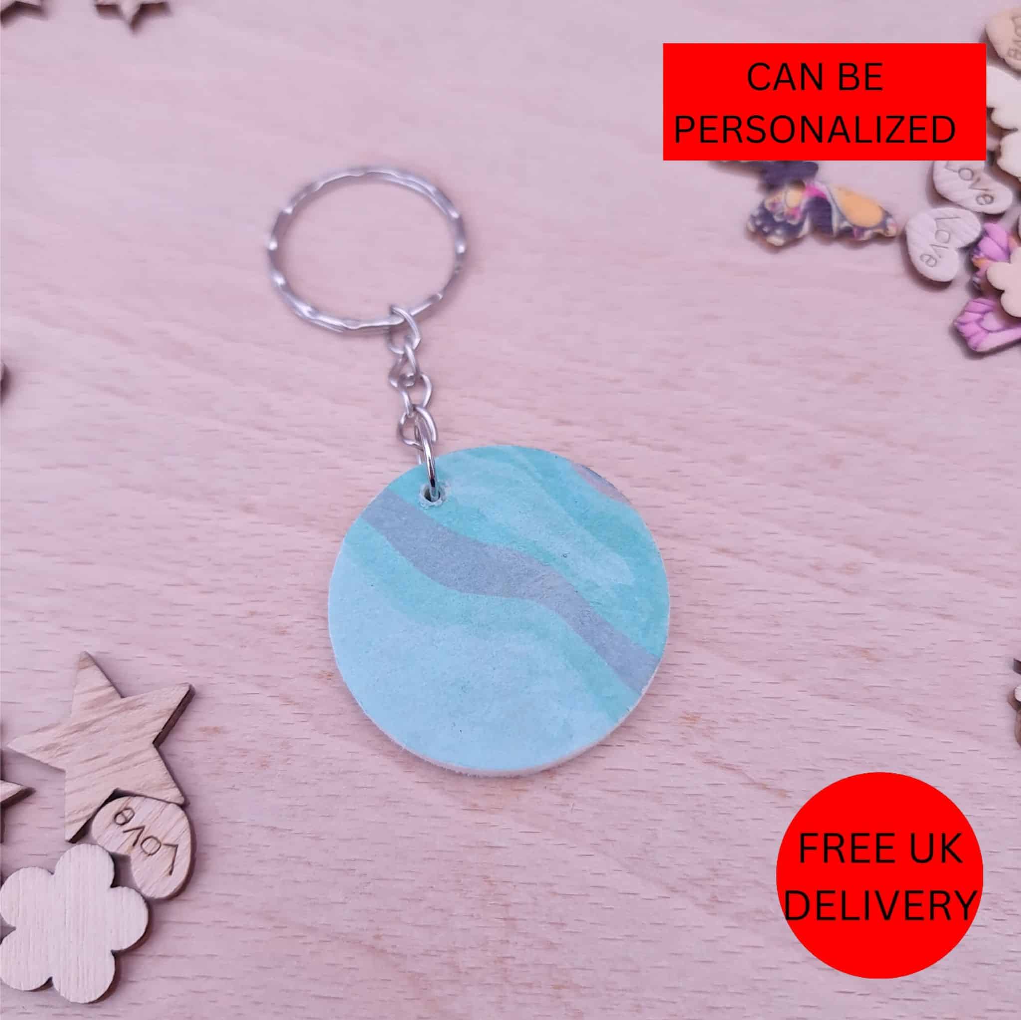 Handmade Turquoise Marble Wooden Decoupaged Round Keyring – FREE UK DELIVERY - main product image