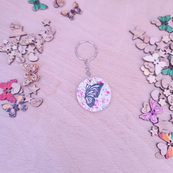 Handmade Personalized Flower Butterfly Wooden Decoupaged Round Keyring – FREE UK DELIVERY - product image 5