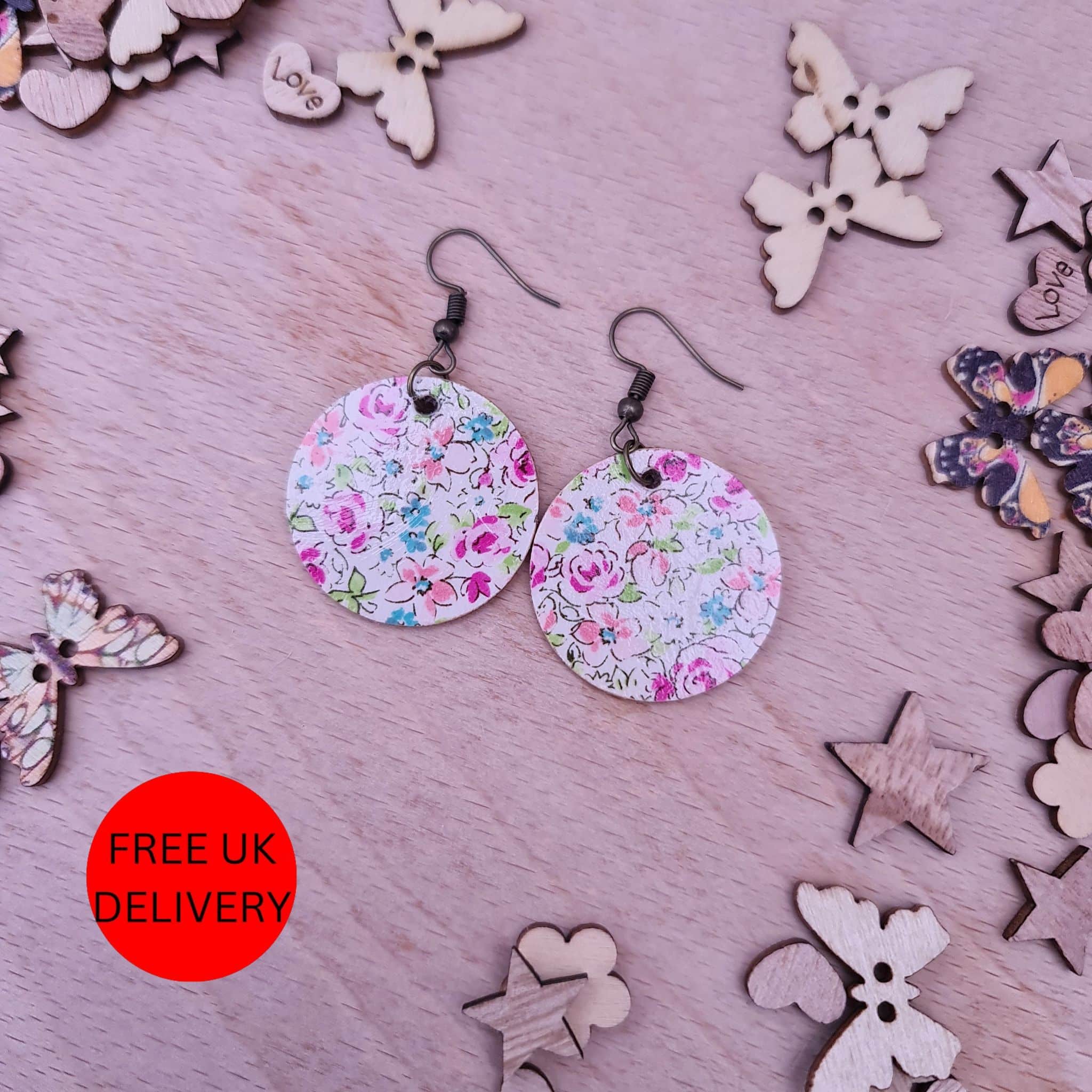 Flower Wooden Decoupaged Round Copper Plated Earrings – FREE UK P&P - main product image