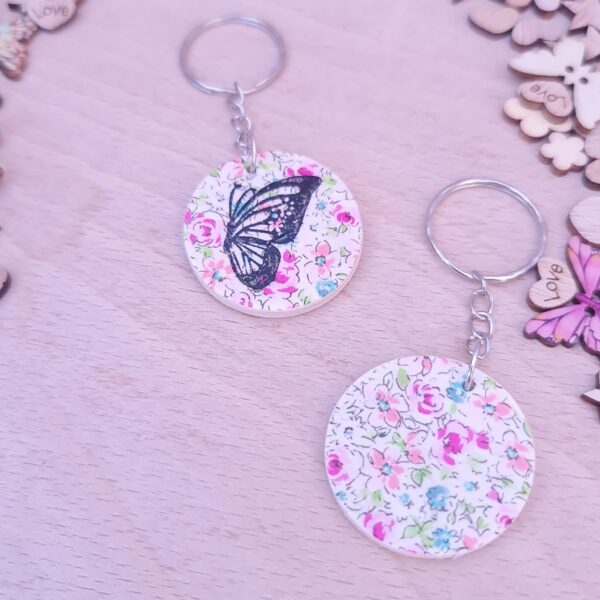 Handmade Personalized Flower Butterfly Wooden Decoupaged Round Keyring – FREE UK DELIVERY - product image 2