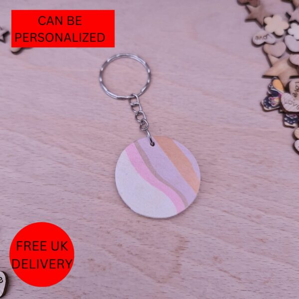 Handmade Multicoloured Marble Wooden Decoupaged Round Keyring – FREE UK DELIVERY - main product image