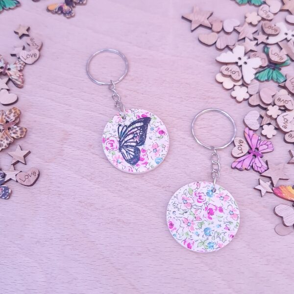 Handmade Personalized Flower Butterfly Wooden Decoupaged Round Keyring – FREE UK DELIVERY - product image 3