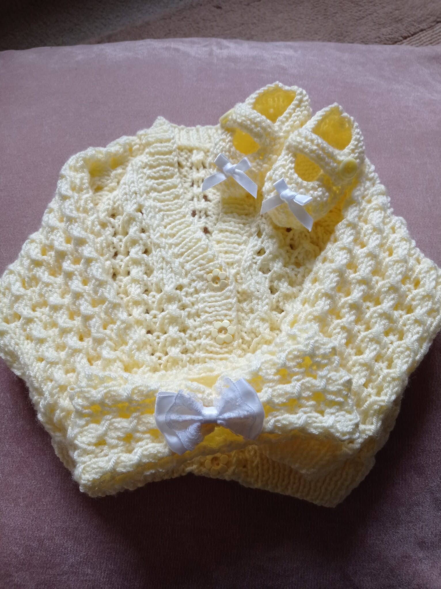 Lovely soft springtime lemon cardigan, headband and shoes - main product image