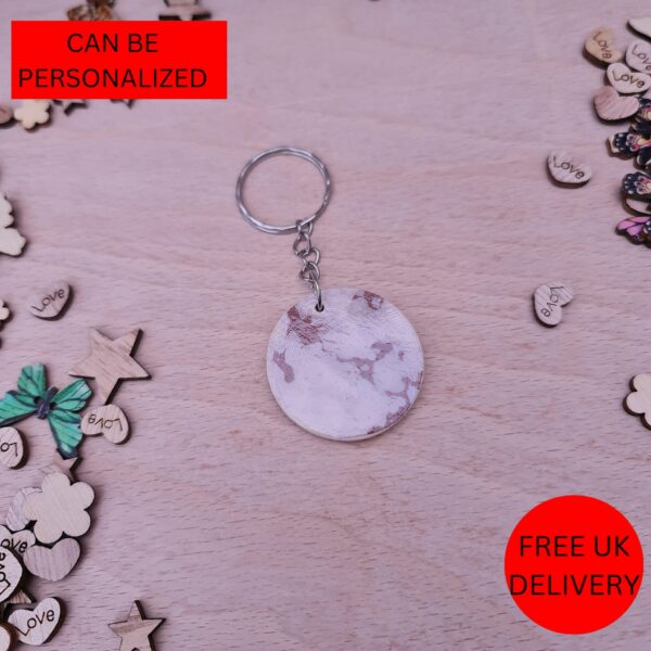 Handmade Grey Gold Marble Wooden Decoupaged Round Keyring – FREE UK DELIVERY - main product image