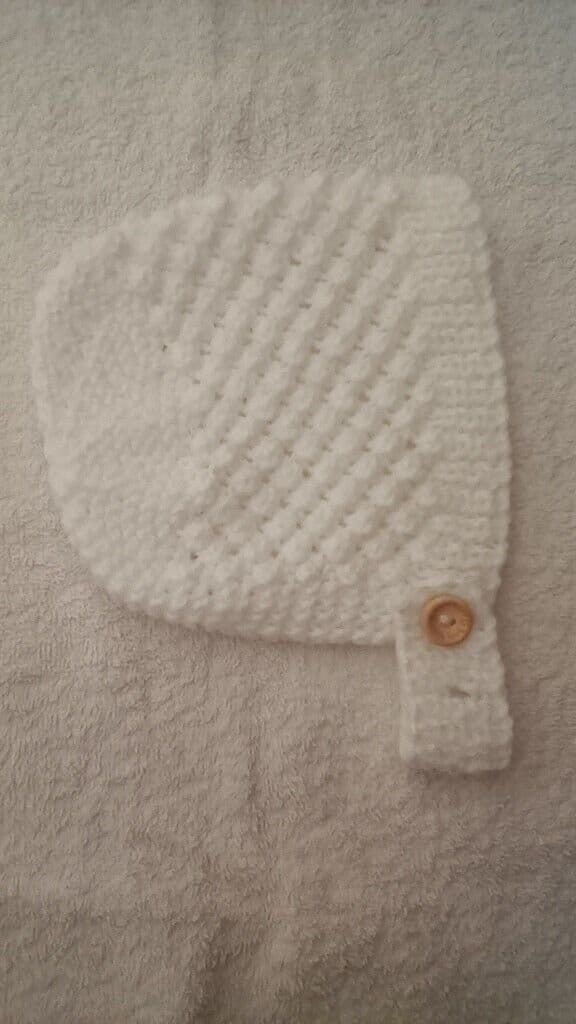 Hand Knitted Baby Bonnet With Adjustable Strap 0-3 months White - product image 2