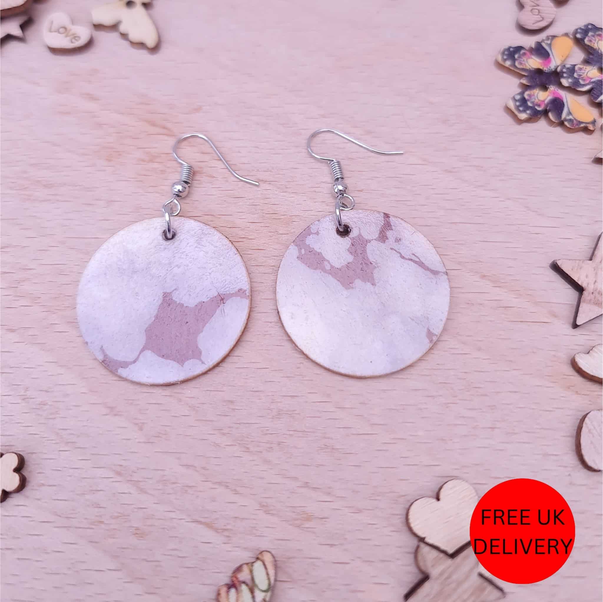 Grey Gold Marble Wooden Decoupaged Round Stainless Steel Earrings – FREE UK P&P - main product image