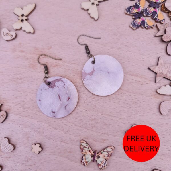 Grey Gold Marble Wooden Decoupaged Round Copper Plated Earrings – FREE UK P&P - main product image