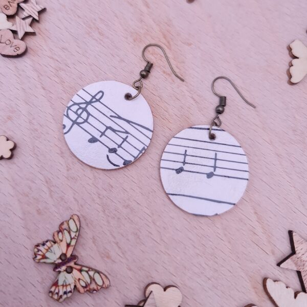 Musical Notes Wooden Decoupaged Round Copper Plated Earrings – FREE UK P&P - product image 2