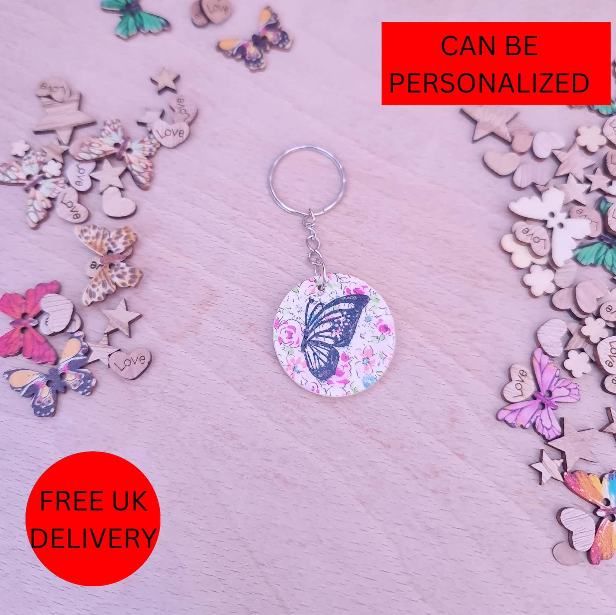Handmade Personalized Flower Butterfly Wooden Decoupaged Round Keyring – FREE UK DELIVERY - main product image