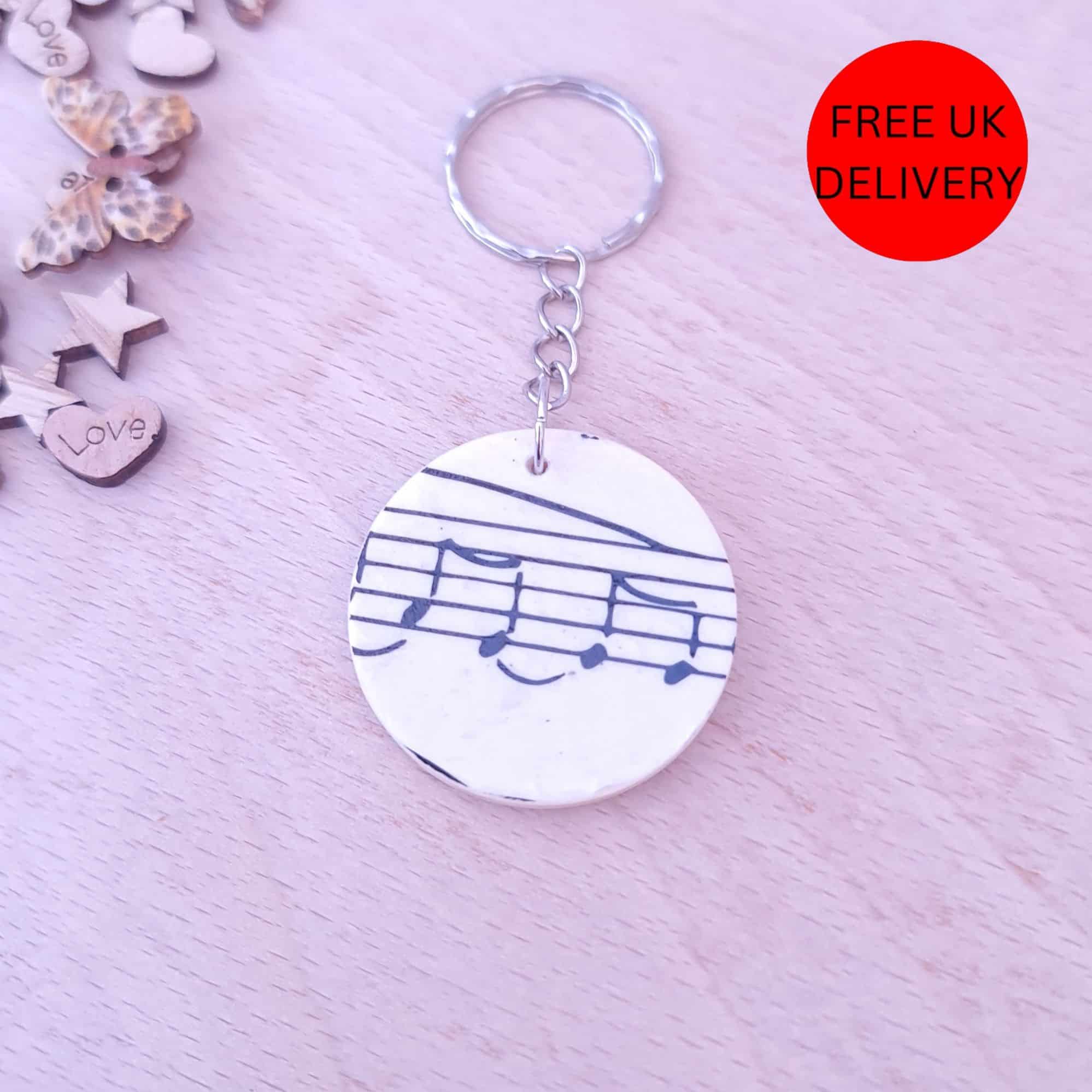 Handmade Musical Notes Wooden Decoupaged Round Keyring – FREE UK DELIVERY - main product image