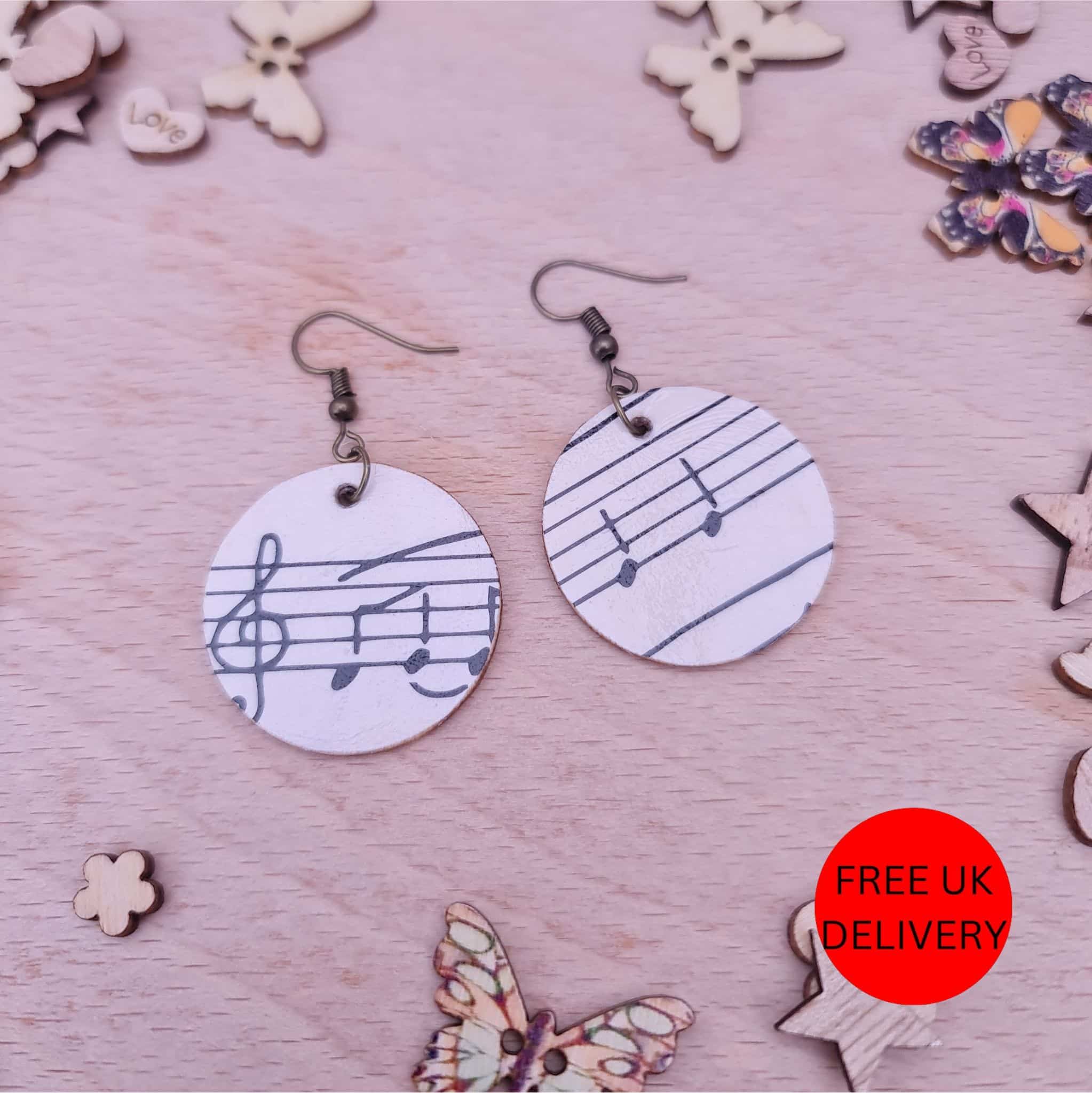Musical Notes Wooden Decoupaged Round Copper Plated Earrings – FREE UK P&P - main product image