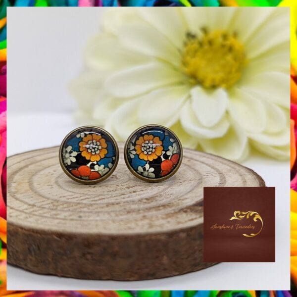 Happy Flower Glass Cabochon Stud Earrings in Bronze Plated Bezels - main product image