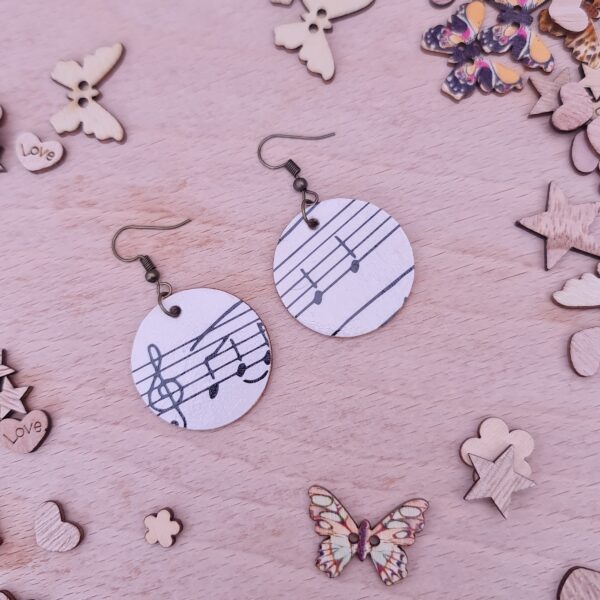 Musical Notes Wooden Decoupaged Round Copper Plated Earrings – FREE UK P&P - product image 4