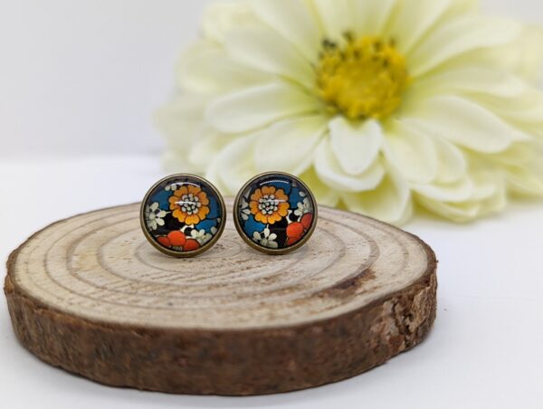 Happy Flower Glass Cabochon Stud Earrings in Bronze Plated Bezels - product image 2