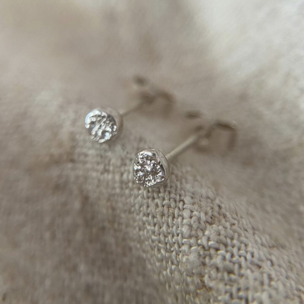 Molten metal, moon ear studs in solid Sterling silver earrings