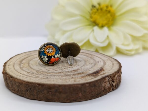 Happy Flower Glass Cabochon Stud Earrings in Bronze Plated Bezels - product image 3